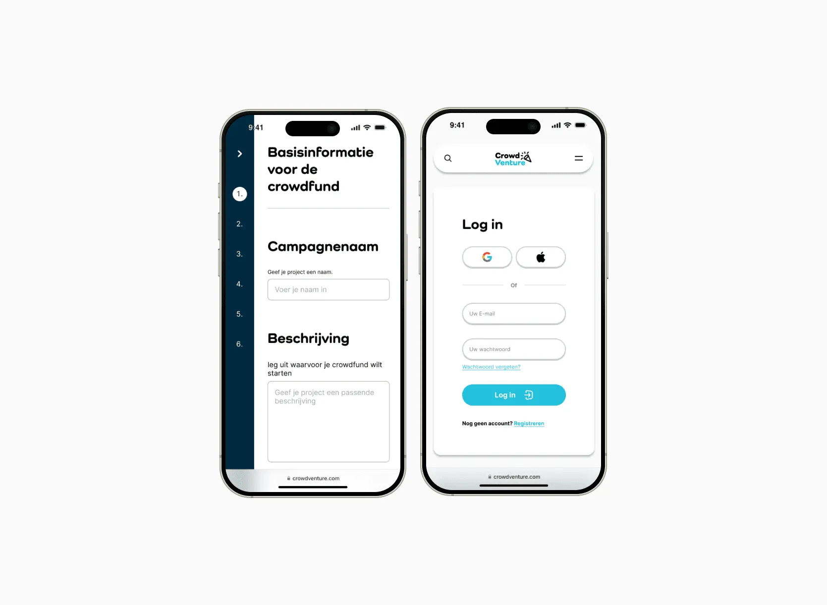 The Crowd venture campaign setup flow and log-in screen shown on two phones
