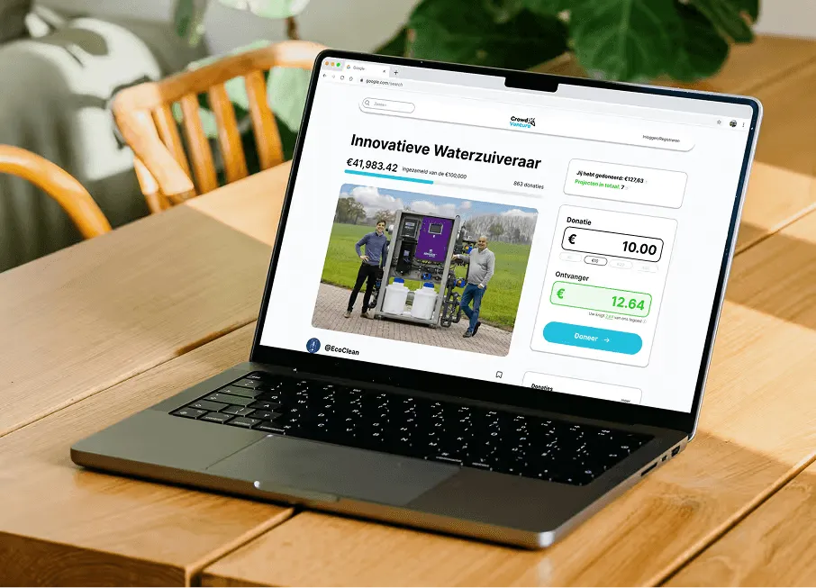 The Crowd venture campaign page on a laptop, showing a water purification campaign at €41,983.42 of €100,000