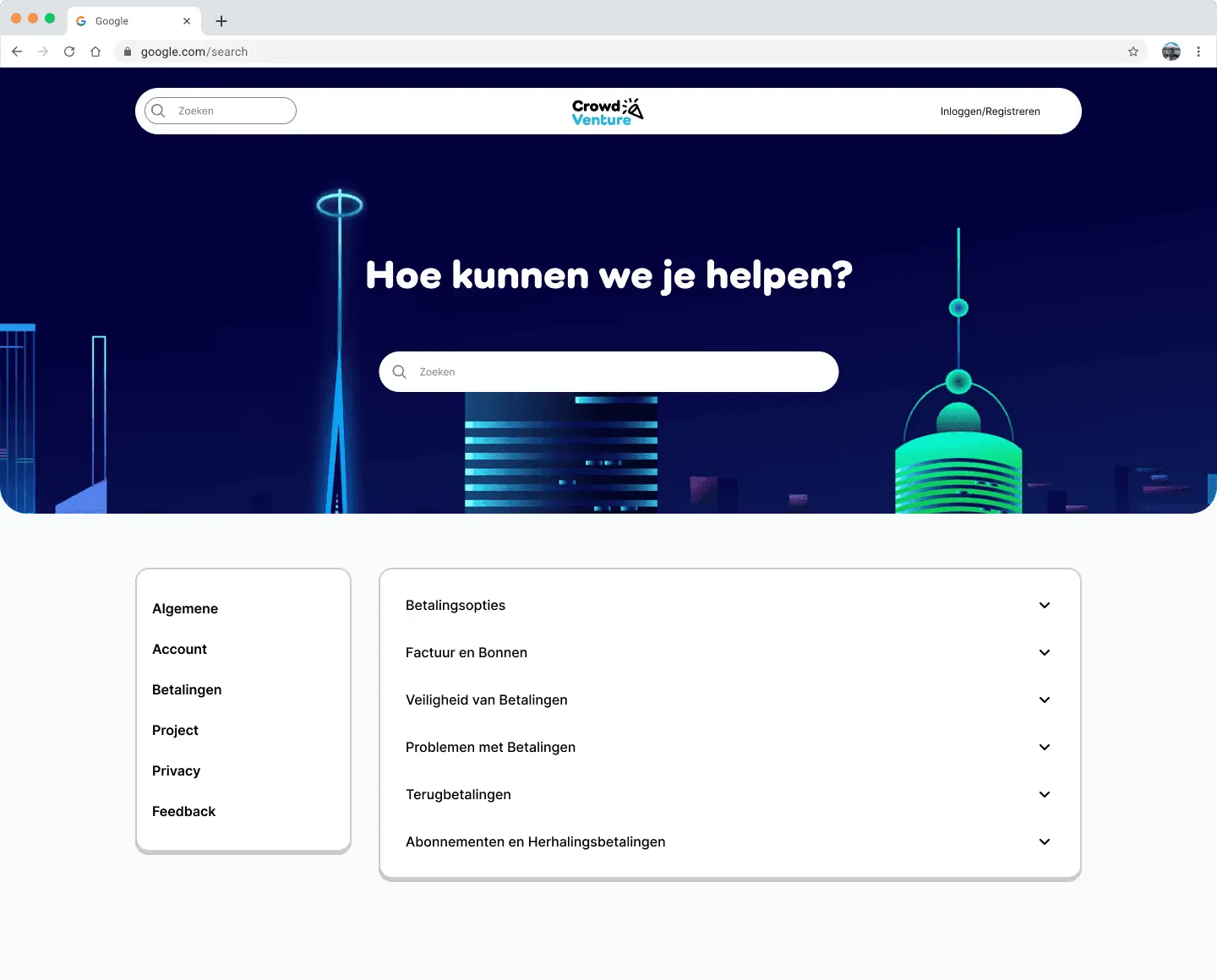 The Crowd venture help centre with a search field and payment questions grouped by category