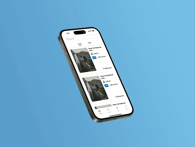 The Go-Explore app on an iPhone, showing a destination feed with ratings, reviews and a price per person