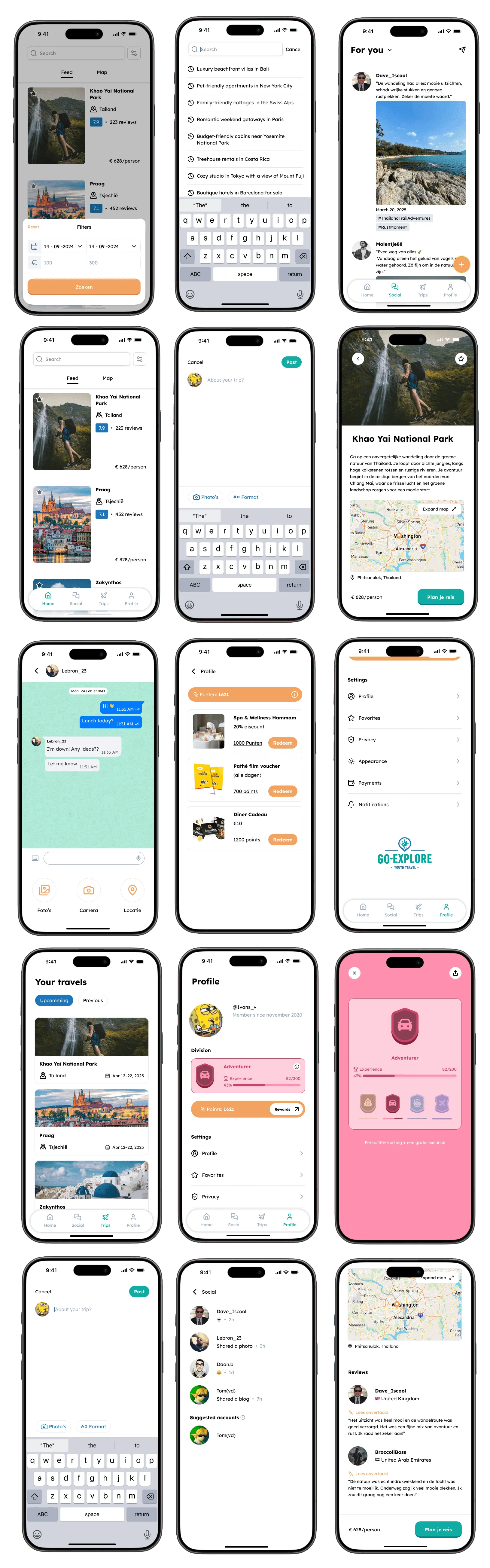 Go-Explore app screens: destination feed, group chat, points and rewards, and profile settings