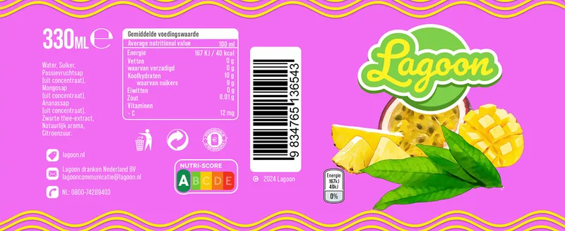 The Lagoon can label: a green script logo and cut passion fruit, mango and pineapple on a pink background with yellow waves