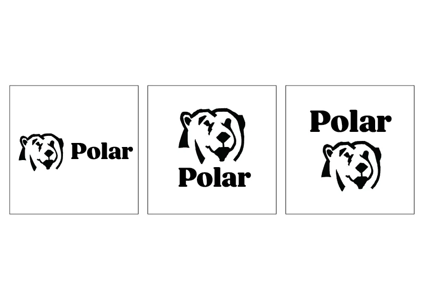 Three Polar logo lockups: bear and wordmark side by side, bear above the wordmark, and bear below the wordmark